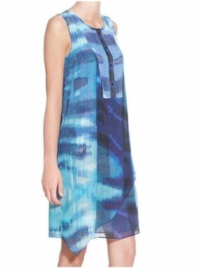 NIC + ZOE Blue Lagoon Asymmetric Hem Dress turquoise waters watercolor print L